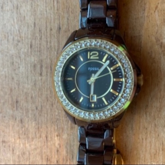 Fossil watch- chocolate color- diamonds around face- excellent condition! - Picture 2 of 5